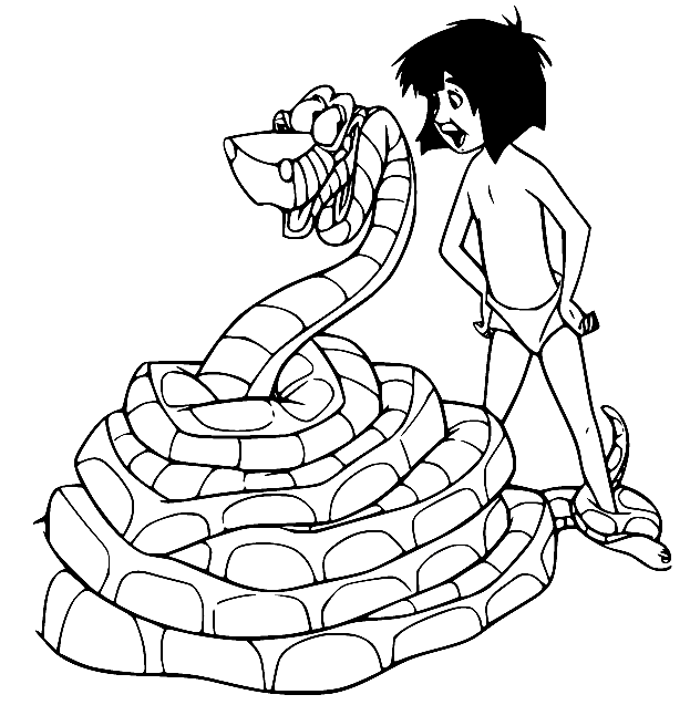 Mowgli and Kaa Snake Coloring Page