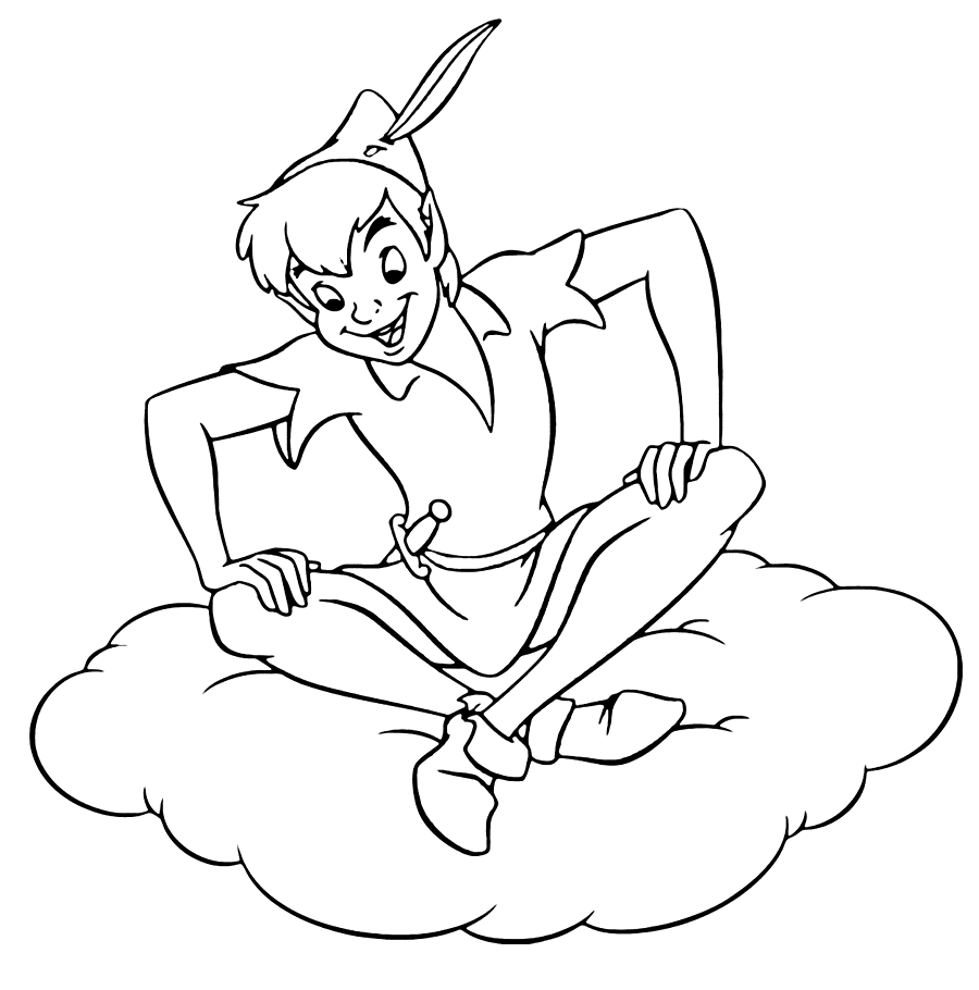 Peter Pan seduto sulla pagina da colorare nuvola