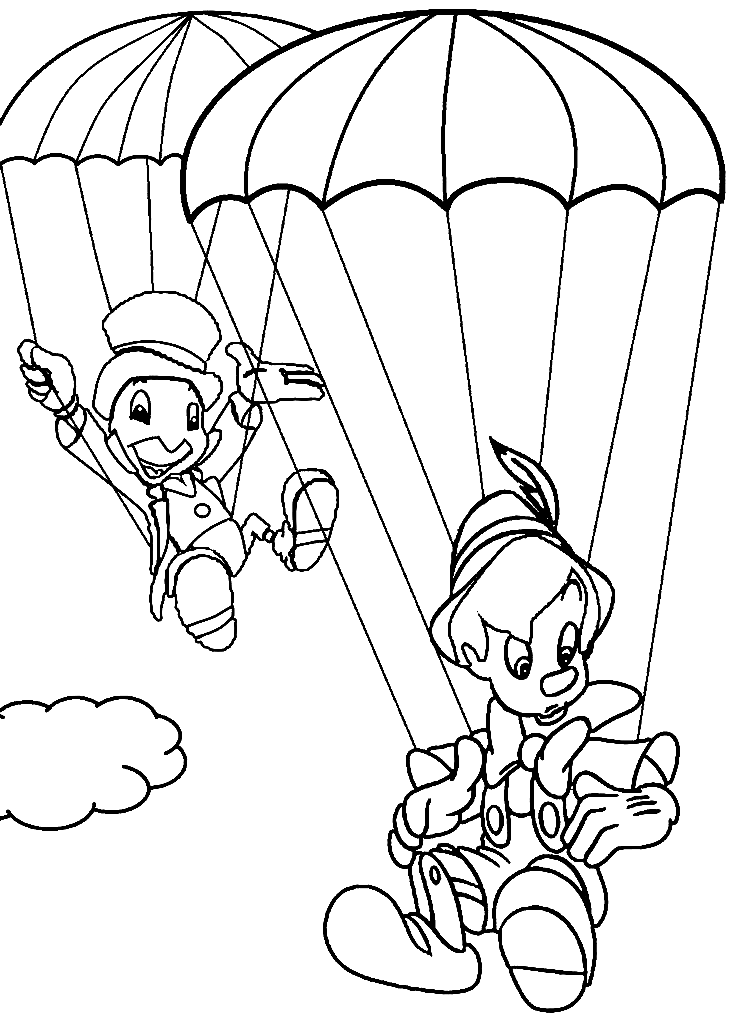 Пиноккио и Джимини прыгают с парашютом из «Пиноккио»