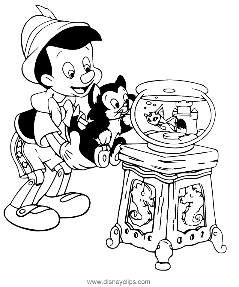 Dibujo de Pinocho, Figaro y Cleo para colorear