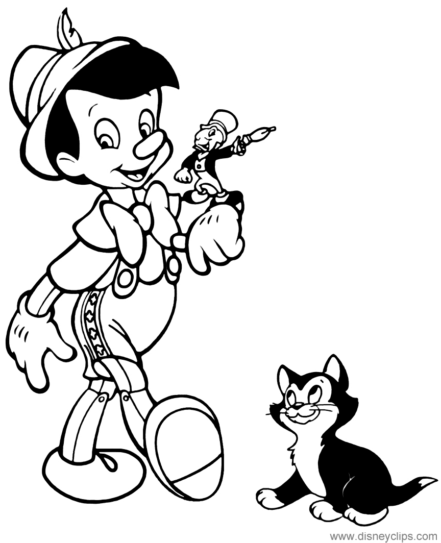 Dibujo de Pinocho, Jiminy y Figaro para colorear