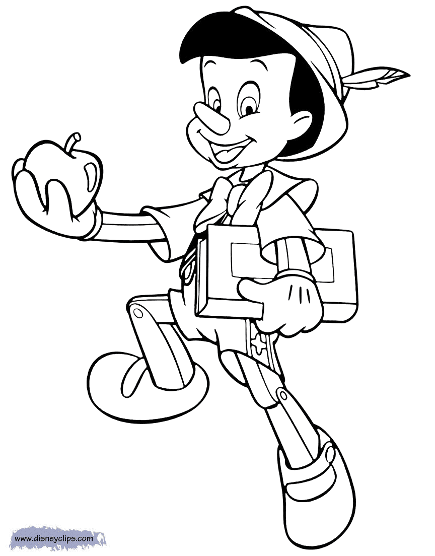 Pinocchio con mela da colorare