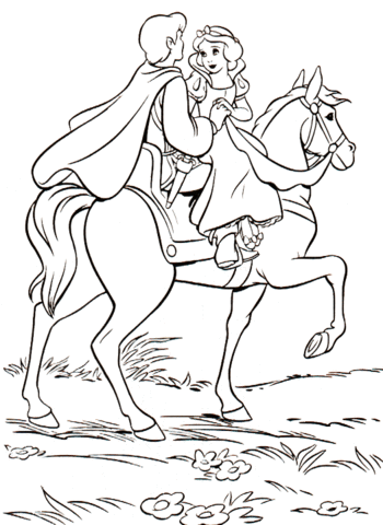 Ausmalbilder Prinz und Schneewittchen reiten auf einem Pferd