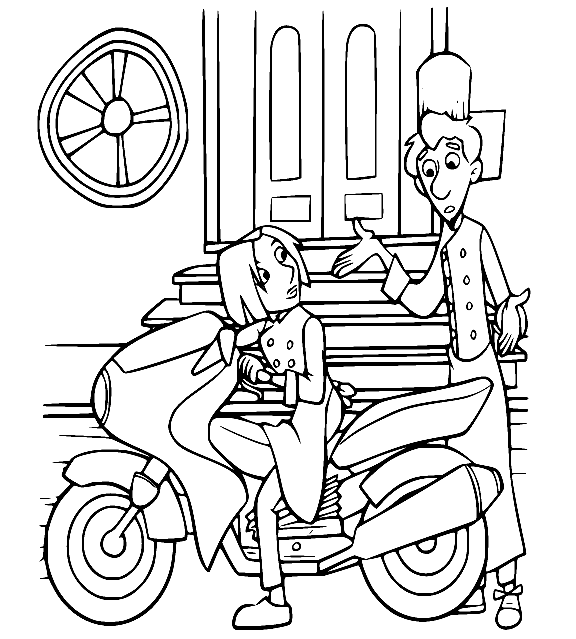 Ratatouille Colette on the Motorcycle Talking to Linguini Coloring Page