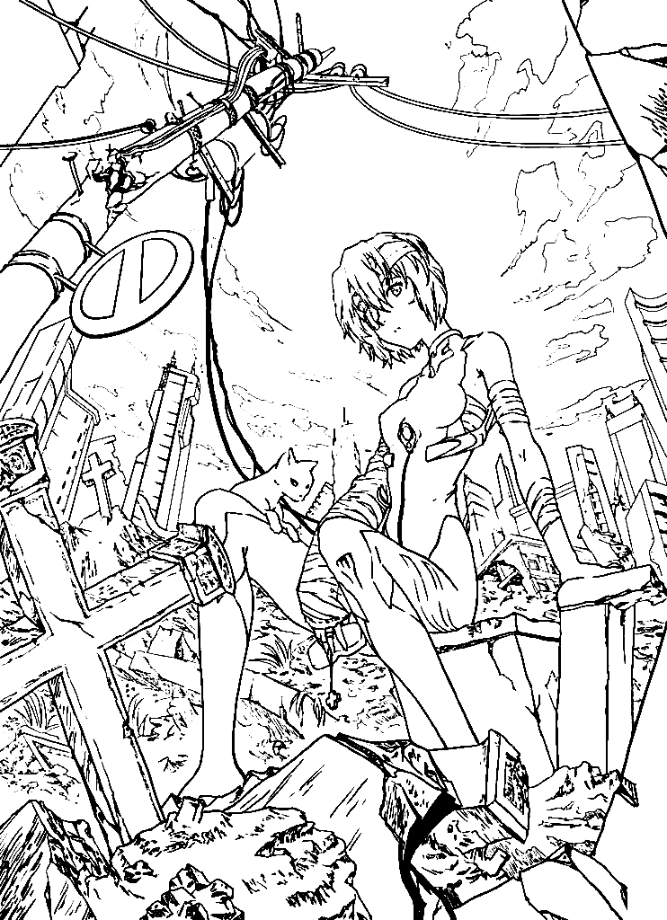 Rei Ayanami in a ruined city Coloring Page