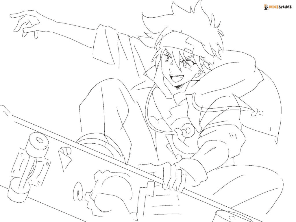 Reki Kyan with orange hair on a skateboard Coloring Pages