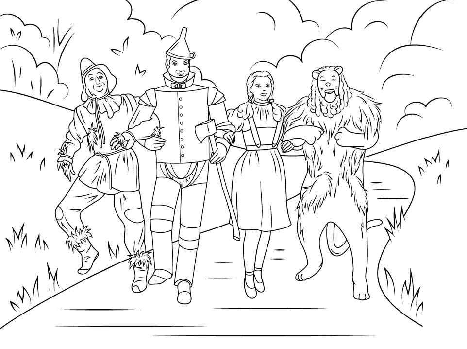 Scarecrow, Tin Man, Dorothy And Cowardly Lion Coloring Page