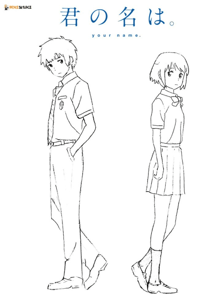 Taki Tachibana and Mitsuha Miyamizu from Your Name anime Coloring Page