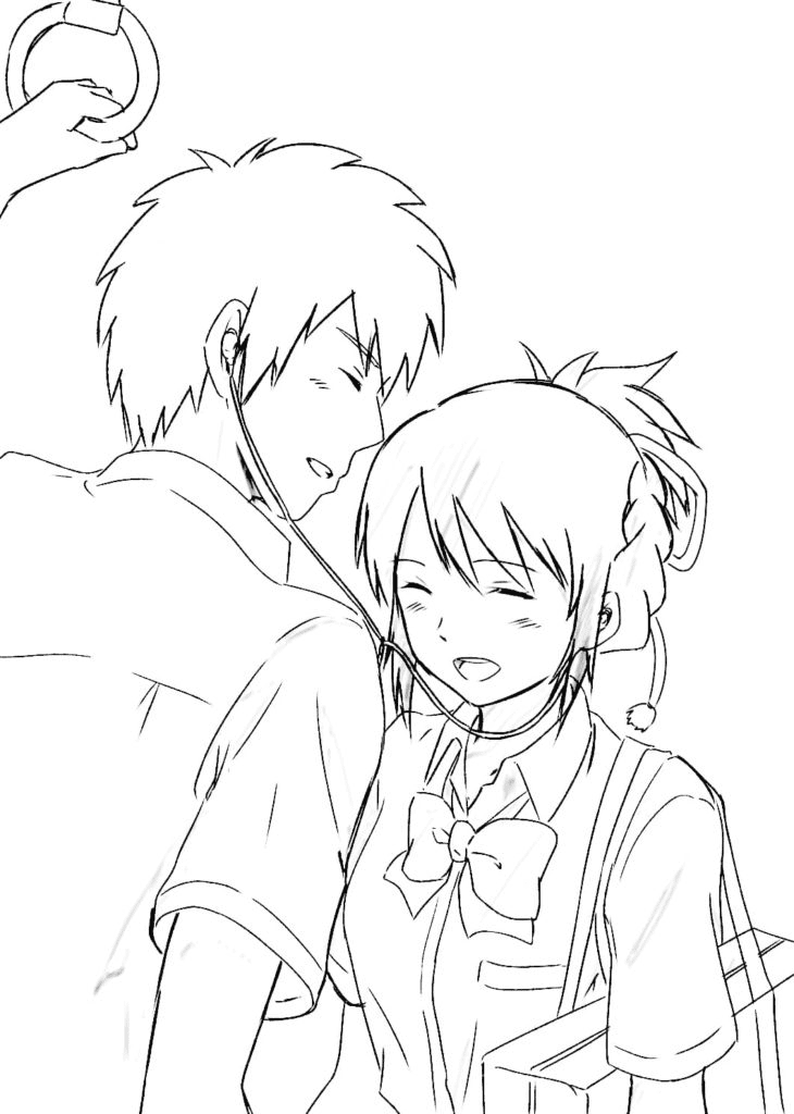 Taki and Mitsuha listening to music Coloring Page