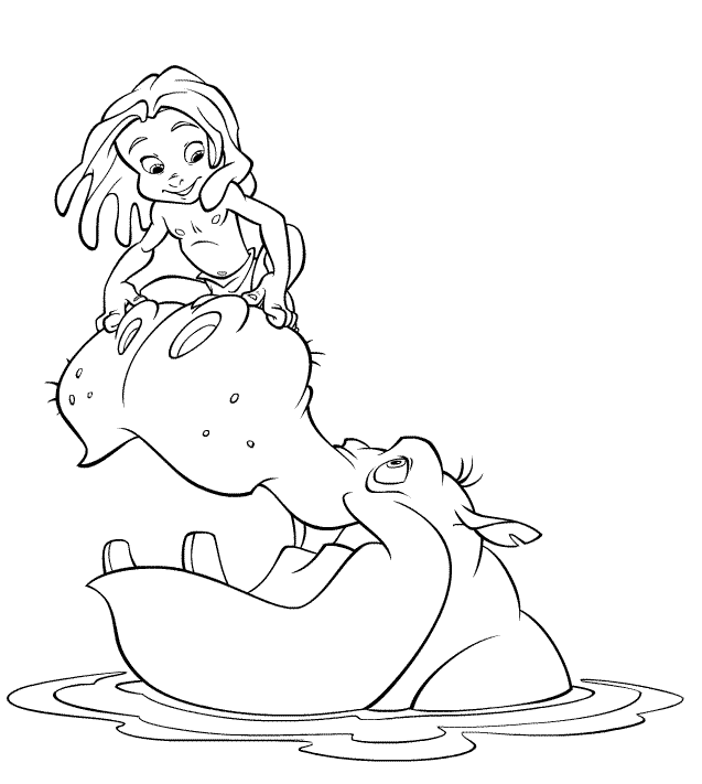 Tarzan and Hippo Coloring Page