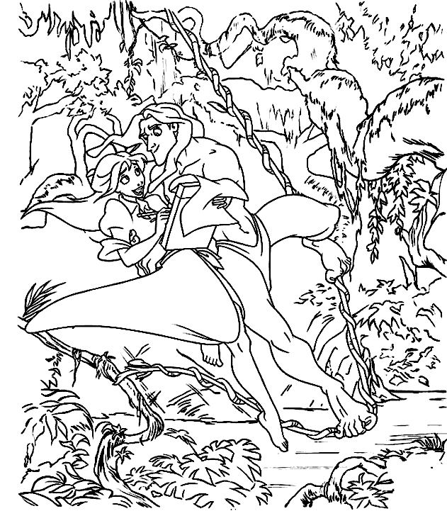Tarzan e Jane nella pagina da colorare della giungla