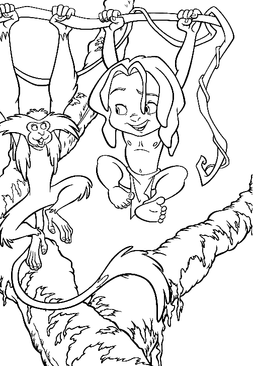 Tarzan and Terk are hanging on the liana Coloring Pages