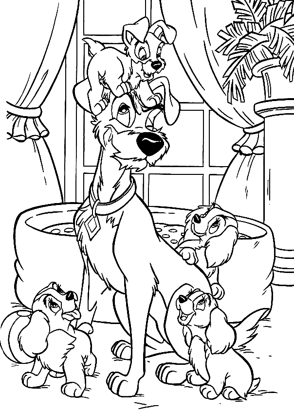 The Tramp and Puppies Coloring Pages