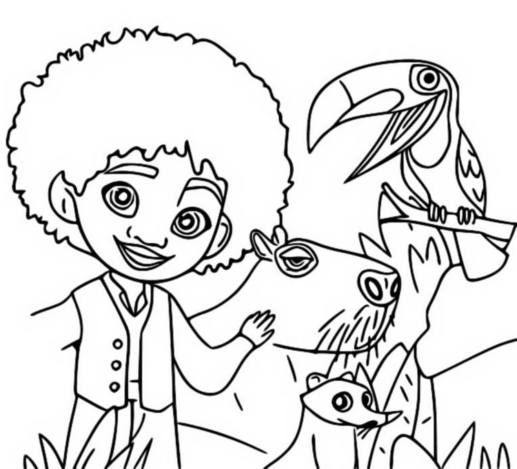 Desenho de Antonio com quati, tucanos e capivara para colorir
