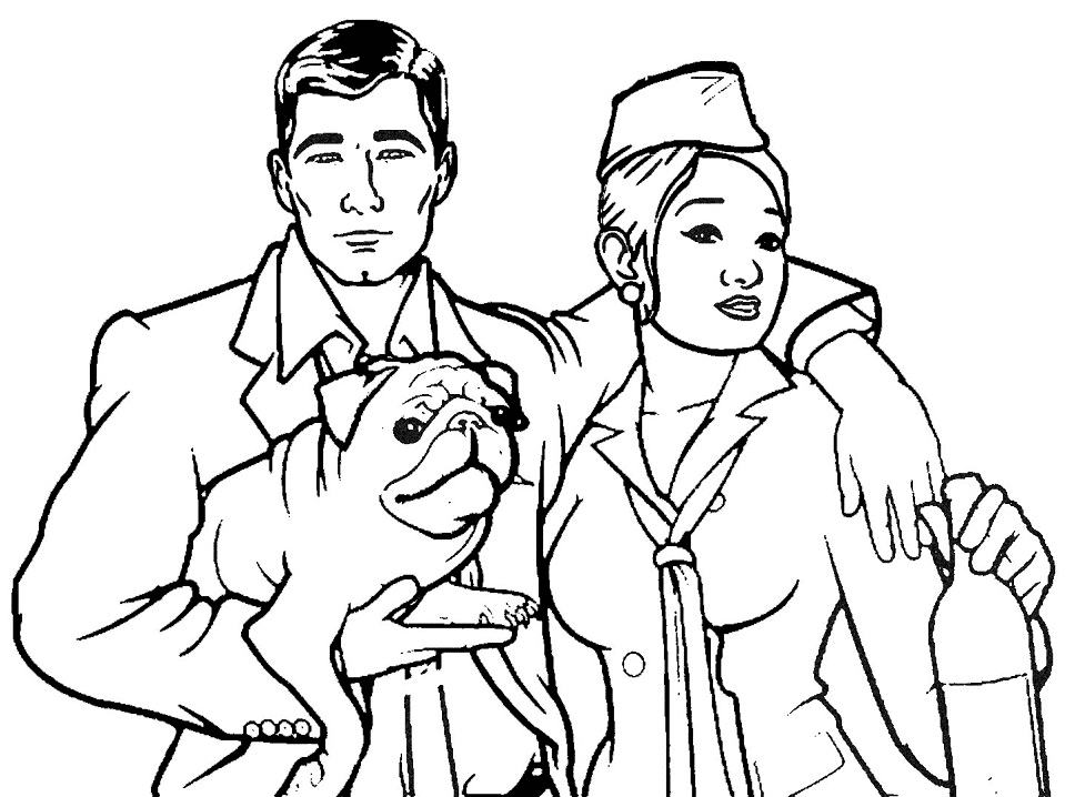 Archer, Stewardess and her Pug Coloring Page