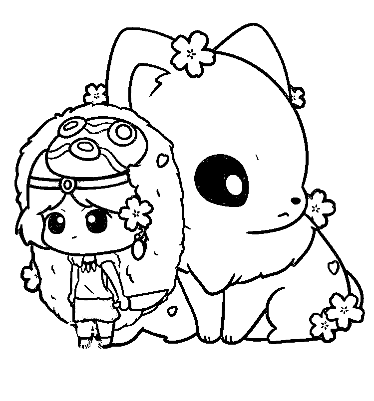 Kleurplaat Chibi Princess Mononoke en Moro