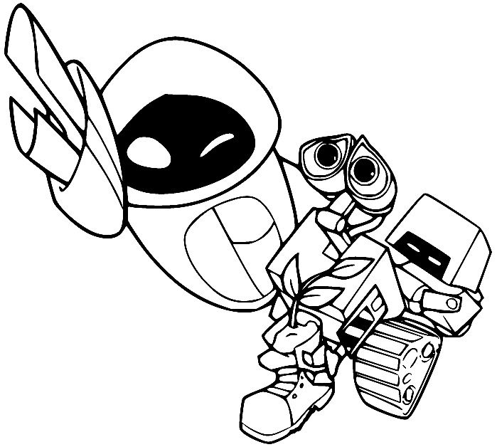 Eve Flying with Wall-E and Mo Coloring Pages