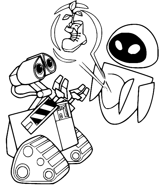 Eve Gives the Plant to Wall-E Coloring Page