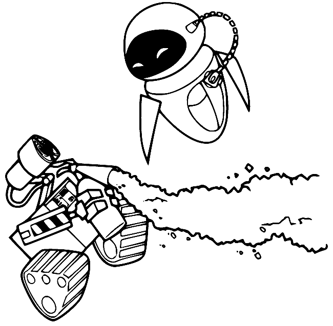 Eve and WAall-E Flying in the Space Coloring Pages