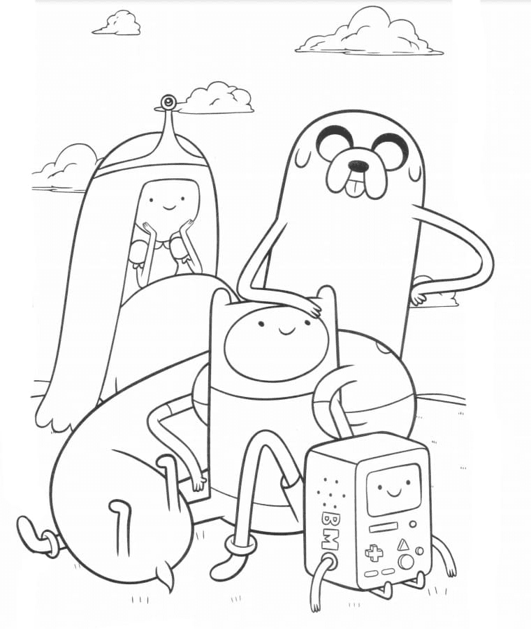 Desenho de Finn, Jake, Princesa e BMO para colorir