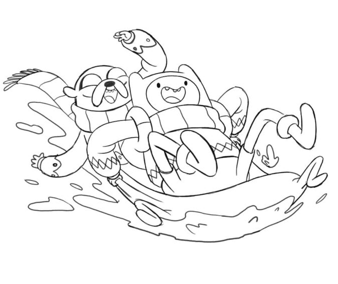 Finn and Jake Skiing Together Coloring Pages