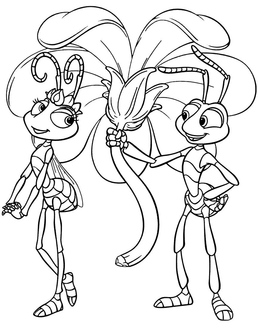 Flik gives flowers to Atta Coloring Page