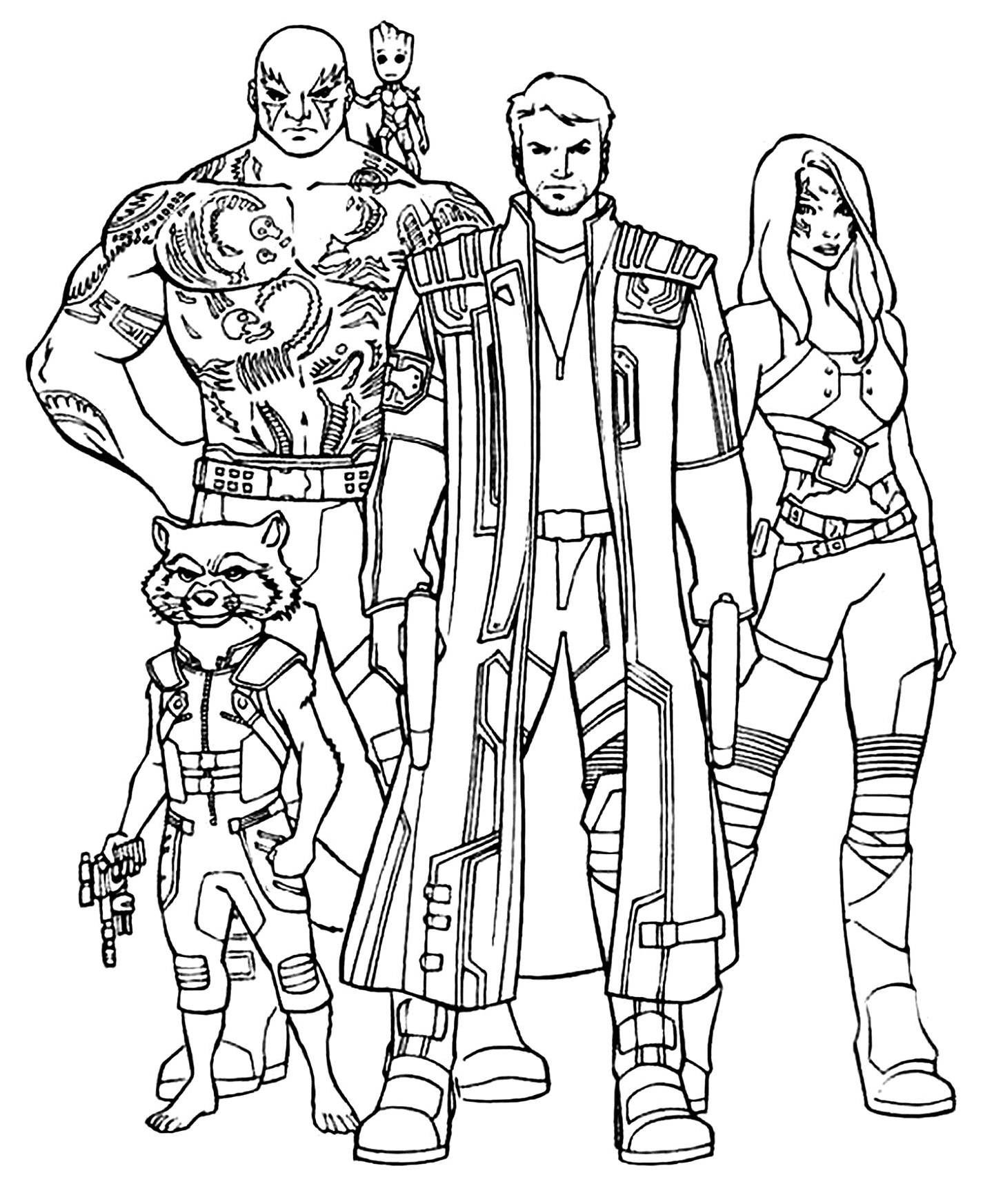 Desenho para colorir Groot, Rocket Raccoon, Star-Lord, Drax e Gamora