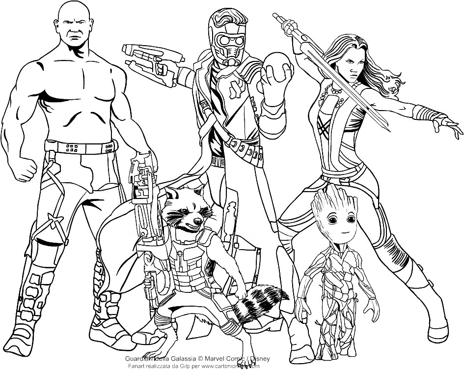 Groot, Rocket, Star-Lord, Drax et Gamora des Gardiens de la Galaxie