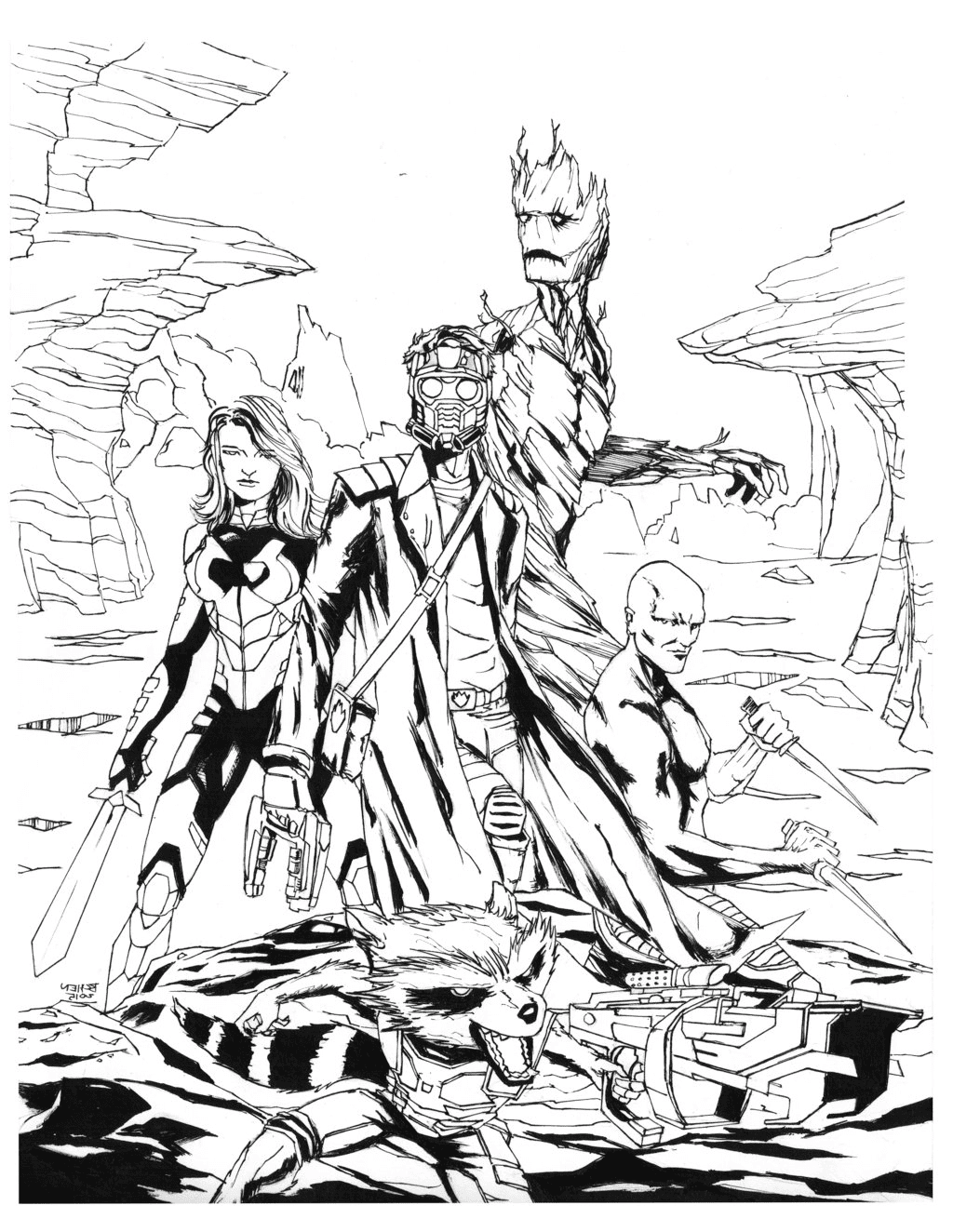 Desenho para colorir de Groot, Star-Lord, Gamora, Drax e Rocket Raccoon