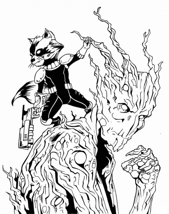 Groot and Raccoon Coloring Page