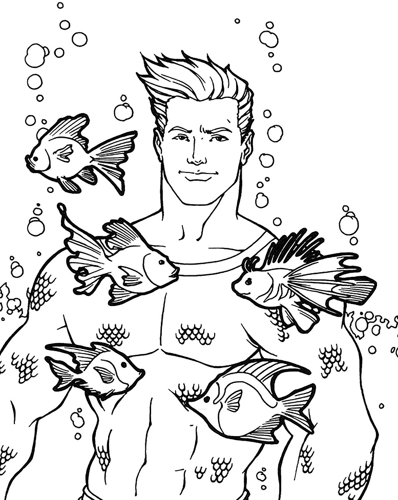 Handsome Aquaman With Fishes Coloring Page