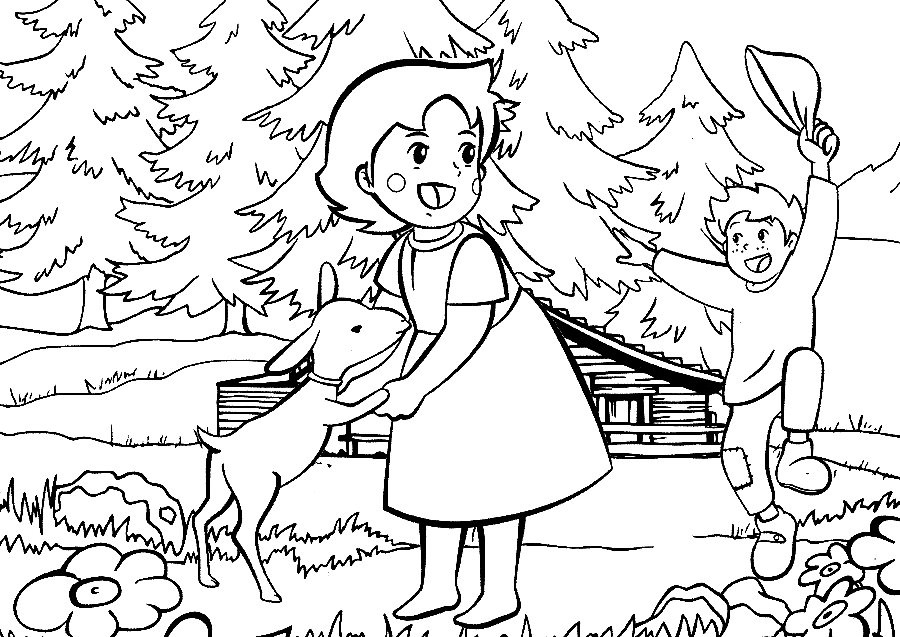 Heidi with Goat and Peter Coloring Pages