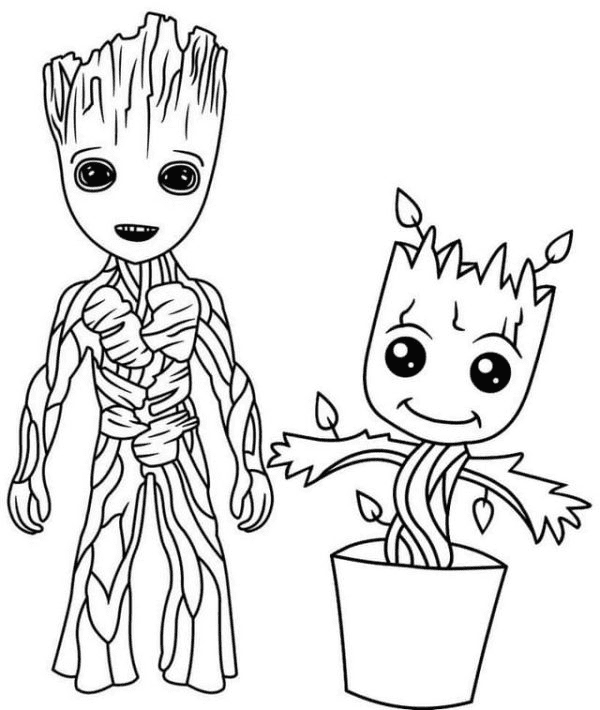 Pagina da colorare di Little Groot e Baby Groot