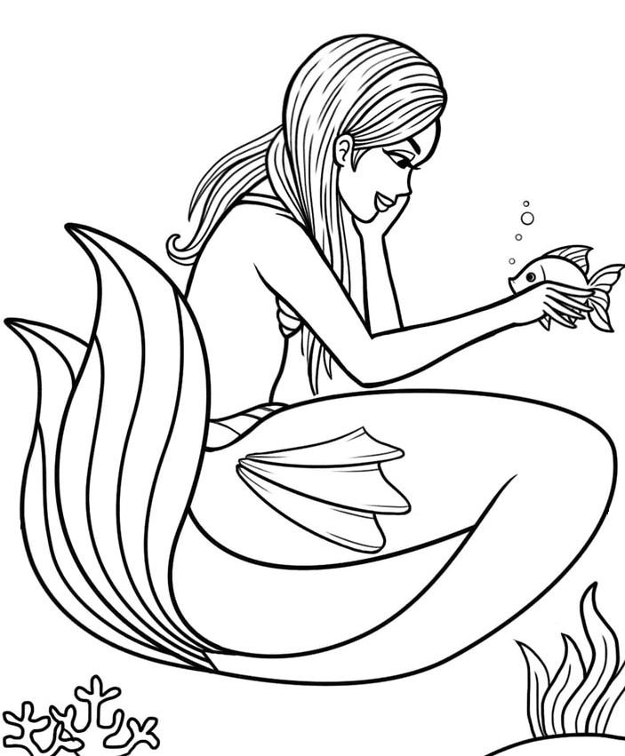 Desenho de sereia segurando peixe em sua mão para colorir