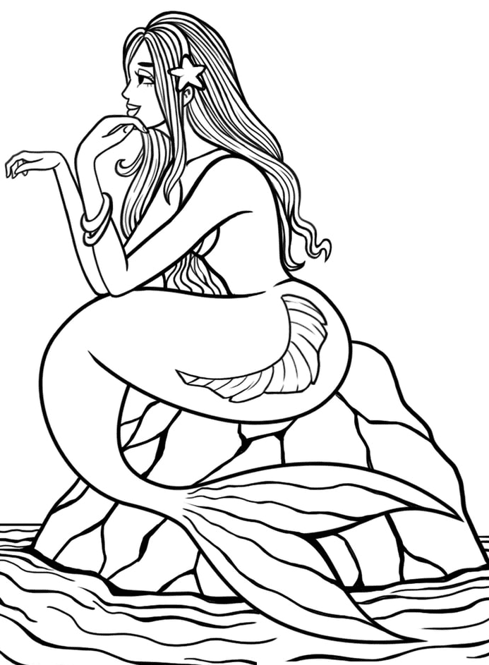 Desenho de sereia sentada pensando para colorir