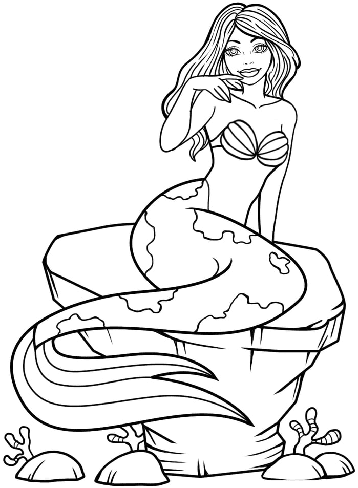 Desenho de sereia sentada na rocha para colorir