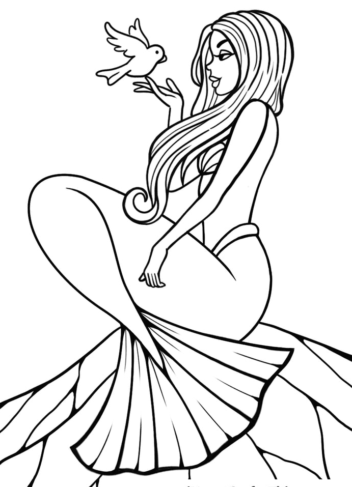 Mermaid with Bird Coloring Page