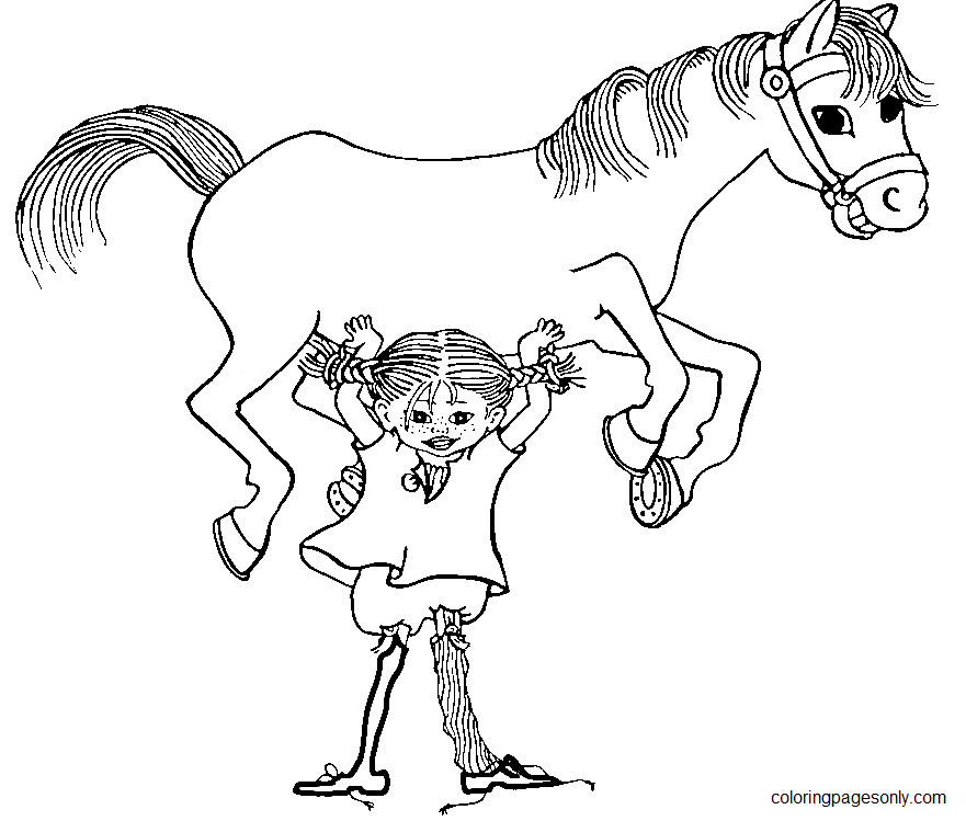 Раскраска Пеппи с лошадью