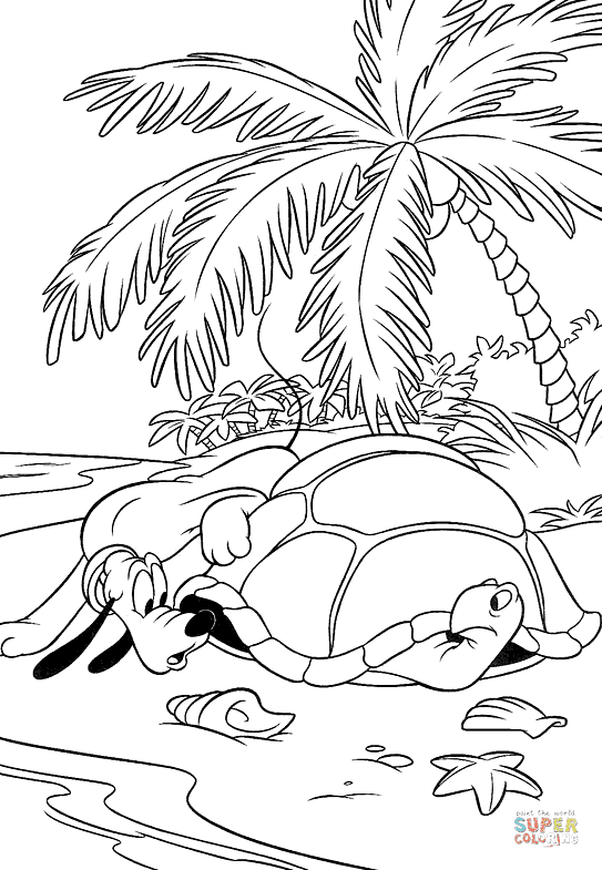 Pluto and a Turtle on the Beach Coloring Page