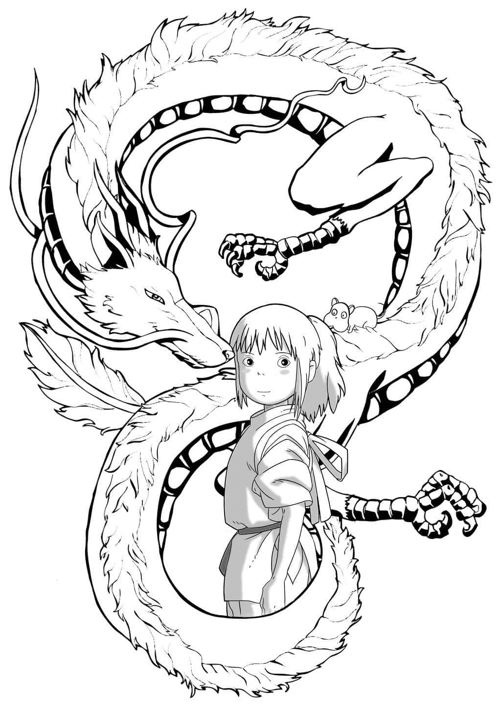 River Spirit and Chihiro from Spirited Away Coloring Page