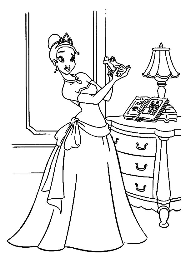 The Princess Tiana with Frog Coloring Page