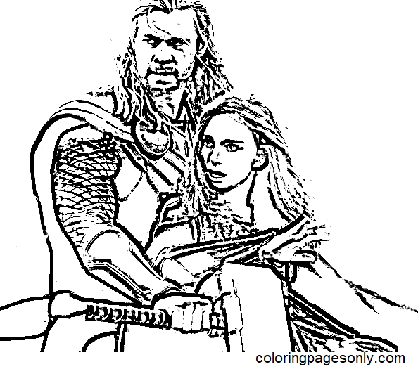 Thor und Jane Foster in Thor Love and Thunder Coloring Page