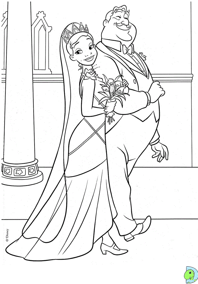 Tiana trägt ein Hochzeitskleid zum Ausmalen