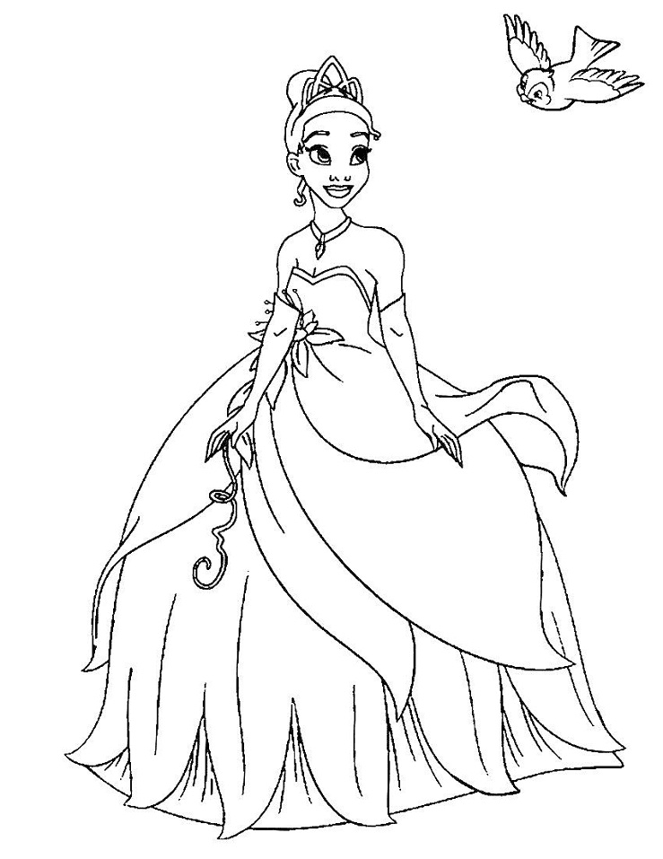 Tiana 与鸟 Coloring Page