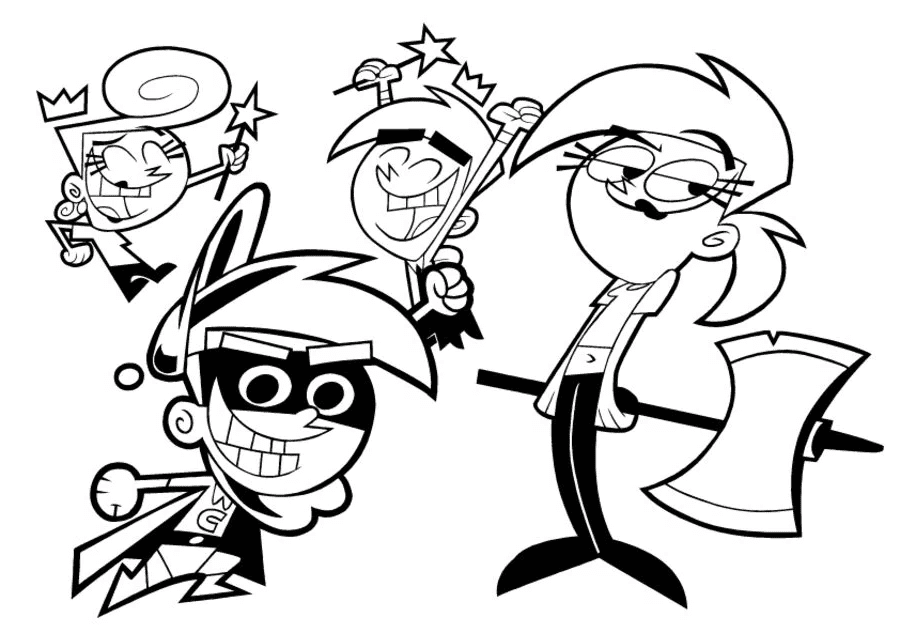 Timmy Turner, Wanda, Cosmo and Vicky Coloring Page