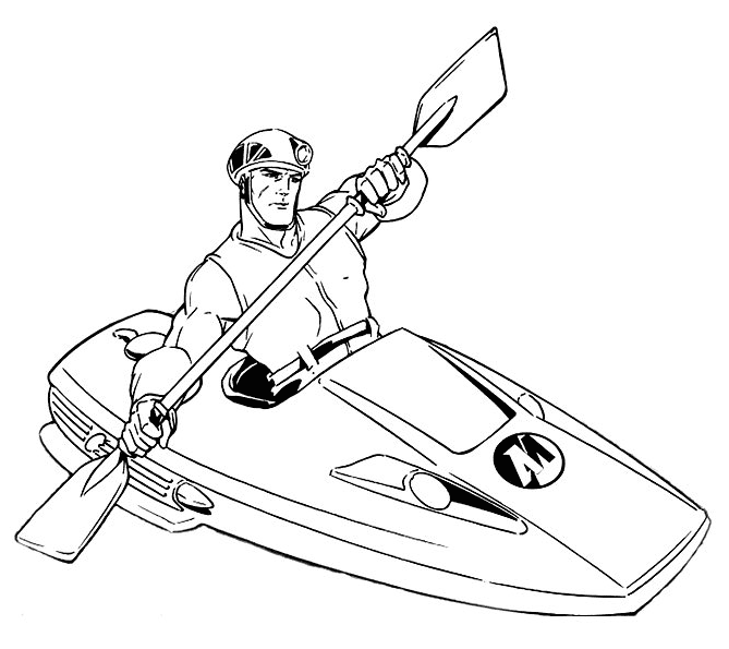 Action Man rijdt in een kano-kajak van Action Man