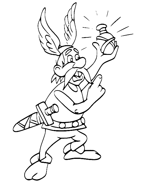 Asterix hält einen Wasserkocher zum Ausmalen
