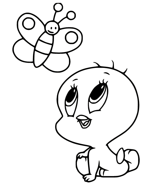 Baby Tweety and a Butterfly Coloring Page