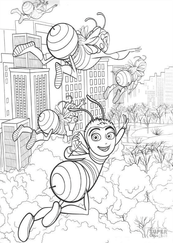 Bees Flying Over The City Coloring Page