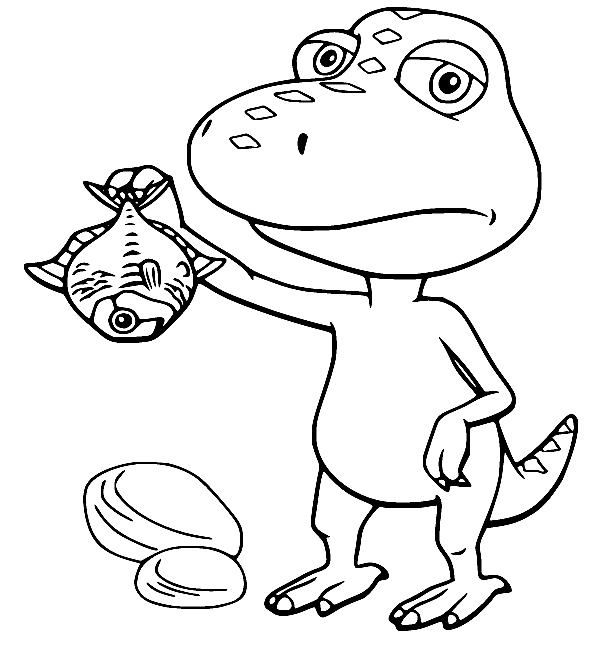 Бадди держит рыбу из поезда динозавров